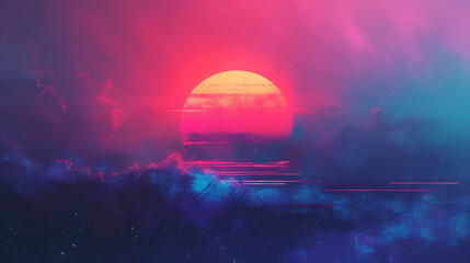 Fototapeta na wymiar Cybernetic sunrise gradient with futuristic blues, purples, and pinks, accompanied by a grainy texture for a sci-fi-themed poster.