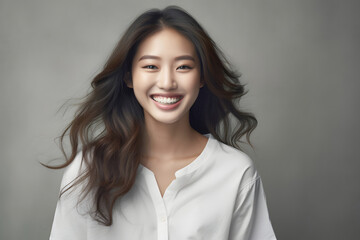 Obraz premium A smiling Asian woman beautifully rendered in sepia tones on an empty background, with a vintage-inspired aesthetic enhanced by sharp, defined lines Generative AI.