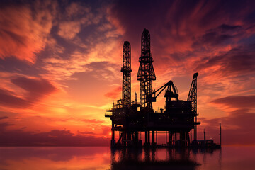 Obraz premium Industrial oil rig on calm ocean at sunset as energy concept, twilight background, silhouette of oil rig in the sea, Offshore oil drilling. 