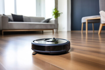 robot vacuum cleaner in modern smart home on wooden floorю Modern smart cleaning technology housekeeping.