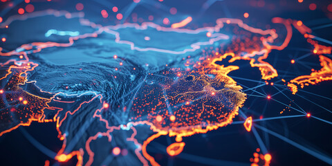 Digital map of China, concept of global network and connectivity, data transfer and cyber technology, business exchange, information and telecommunication - obrazy, fototapety, plakaty