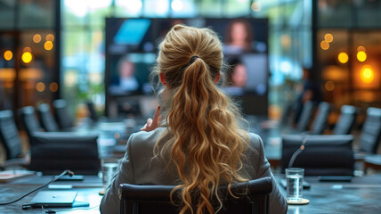 Back view of business woman talking to her colleagues about plan in video conference. generative ai - obrazy, fototapety, plakaty