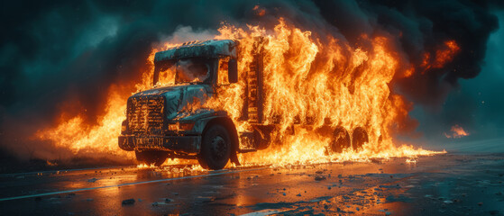 Burning delivery vehicle engulfed in flames and smoke by roadside ,generative ai.