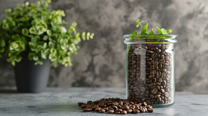 Coffee beans with plant in glass jar