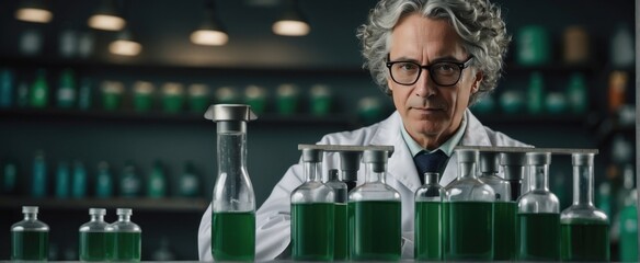 Portrait of an outgoing chemist in a white lab coat in a laboratory with test tubes and green liquid. Cinematic lighting