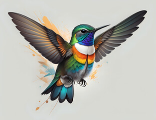 fliegender Kolibri mit bunter Brust - obrazy, fototapety, plakaty
