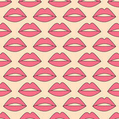 Pink lips seamless pattern. Y2k romantic background, wrapping paper, backdrop. Retro vintage colors.