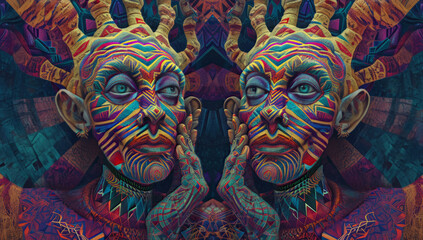 Naklejka premium DMT jester Photorealistic portrait, cinematic, psychedelic human vision of geometric creatures. Mama Ayahuasca, psychedelic divine cosmic trippy godly spiritual entity. Expanded Consciousness