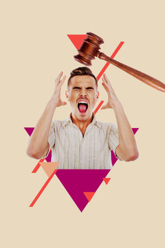 Vertical creative image collage shouting young guy irritated aggressive hammer judgment humiliating aggression mental pressure