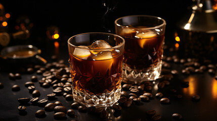 Coffee liqueur in glasses with ice and coffee beans - obrazy, fototapety, plakaty