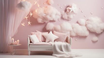 Fototapeta na wymiar Dreamy bedroom interior with whimsical clouds and star decorations.