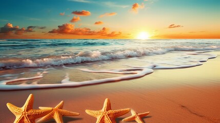 Fototapeta na wymiar Sunrise over the ocean with starfish on the tropical beach.