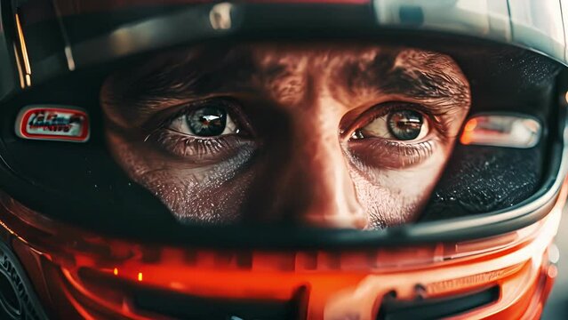 Eyes on the Prize An intense closeup portrait of the racers eyes peering through the visor of their helmet, showcasing their fierce determination to win.
