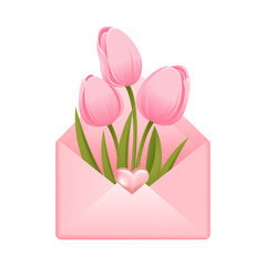 Open envelope with tulips.Element for Valentine's day,mother's day,women's day,wedding.Vector illustration isolated on white background.