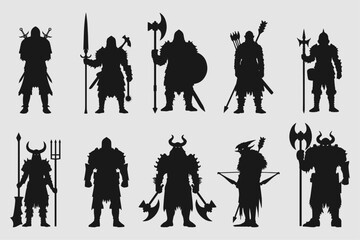 silhouettes of warriors and knights with different weapons and armor. a set of vectors.