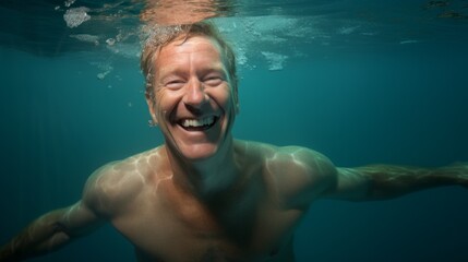 A happy man of 50-60 years old swimming underwater in a pool. Healthy lifestyle, Vacations, travel, Hobbies and recreation, Sports concepts.