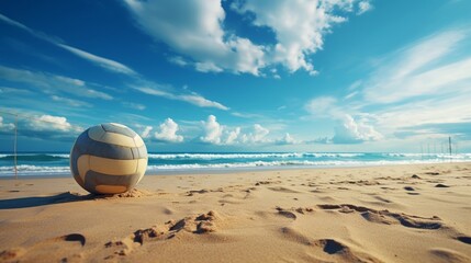 Volleyball left on a sandy beach under a clear blue sky on a sunny day.