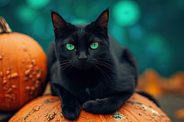 A spooky black cat with glowing green eyes sitting on a pumpkin Halloween Cat on pumpkin