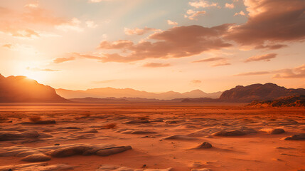 Fototapeta premium The warm hues of a sunset over expansive desert landscapes, showcasing the vastness and solitude of arid terrains when observed from the heavens.