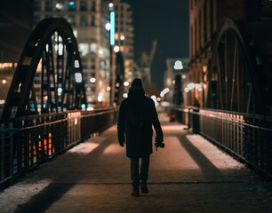 silhouette of a man with camera  walking in the night city