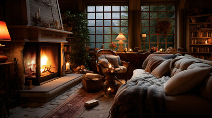 Obraz na płótnie Canvas Cozy living room with fireplace