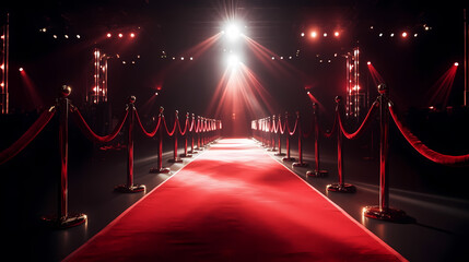 Red carpet on the stairs on dark background, the way to glory, victory and success