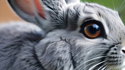 A close-up of the brown eye of a gray fluffy rabbit. Easter bunny banner. Rabbit breeding and farm.