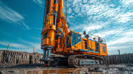 Hydraulic drilling machine at the construction site. Pile field. Modern drilling rig, generative ai