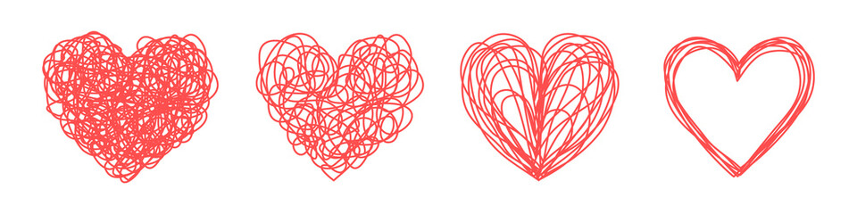 Heart shaped tangled grungy scribble hand drawn with thin line, divider shape. PNG isolated on transparent background - obrazy, fototapety, plakaty