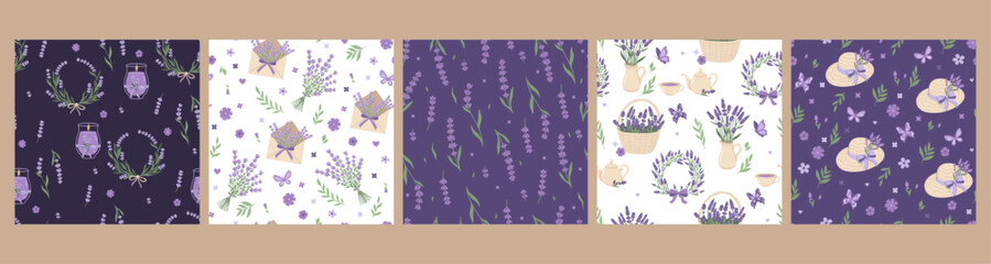 Set of seamless patterns with lavender flowers. Vector graphics.