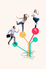 Vertical collage image of excited successful people run look far raise fists isolated on painted beige background