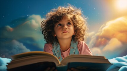 Dreamy Child Reading a Book at Sunset with Imaginative Clouds