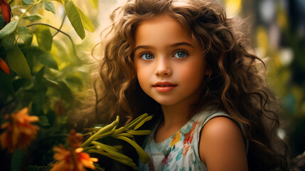 Naklejka premium portrait of a beautiful girl in colorful dress, in beautiful garden