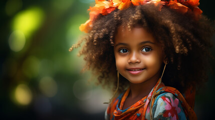 portrait of a beautiful little child with wreath of orange flowers and colorful dress