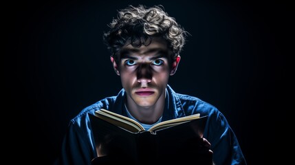 Young Man with Surprised Expression Reading a Book Under Dramatic Lighting