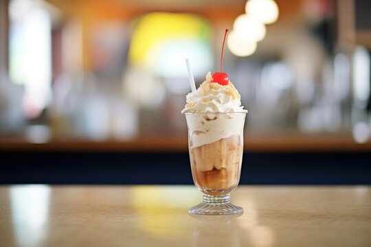 root beer float with a cherry on top, on a diner counter