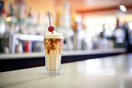 root beer float with a cherry on top, on a diner counter
