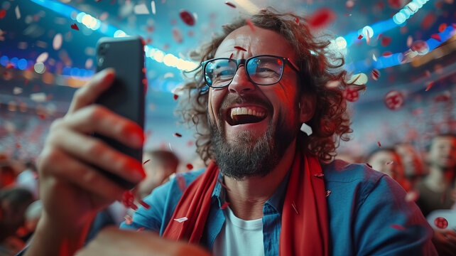 Positive, happy, emotional businessman holding mobile phone and celebrating money win. Sports betting. generative ai