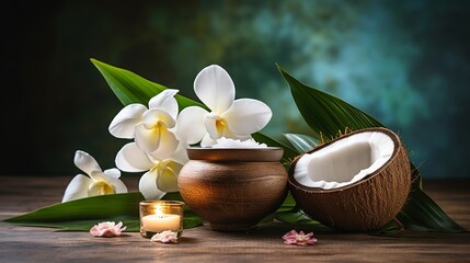 Fresh coconuts and plumeria flowers on a wooden surface.