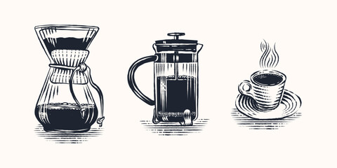 Alternative coffee set of Engraving illustration premium