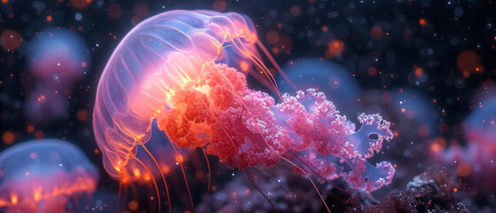 Vibrant aquatic sea jelly with glowing tentacles, generative ai - obrazy, fototapety, plakaty