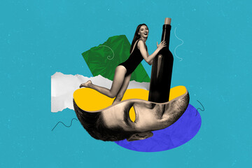 Retro image weird collage template of funny funky lady celebrate weekend with gourmet wine bottle...