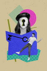 Absurd unusual poster collage of shocked guy trying to unlock women mind with key psychology...