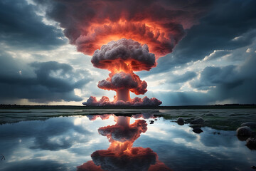 Fiery Sky and Clouds in Nature's Inferno. Colossal mushroom cloud rises over a reflective water surface, signaling powerful energy unleashed - obrazy, fototapety, plakaty