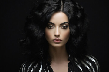 Portrait of beautiful woman with long black curly hair. Studio shot.