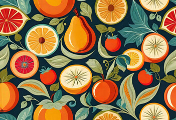 Abstract patterns and ornament with fruits, vintage modern style vector illustration, seamless...