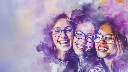 Happy International Women's Day illustration. Oil painting portrait of a multi racial diverse female colleagues friends against a purple background. Copy space. AI Generated