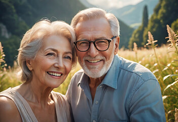 Happy active elderly couple outdoors. Portrait of an elderly couple walking together in the park,