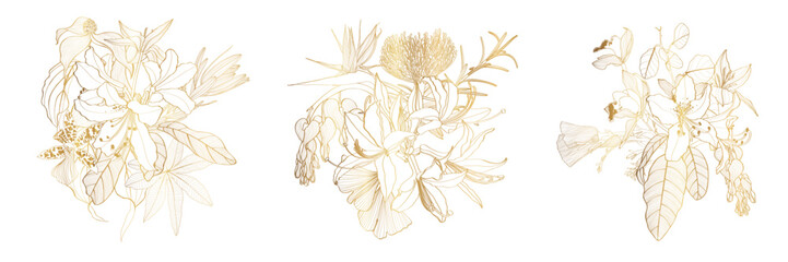 Golden floral composition set with line troicala flower and leaves on white. Romantic design for natural cosmetics, perfume, women products. Can be used for greeting card, wedding invitation.