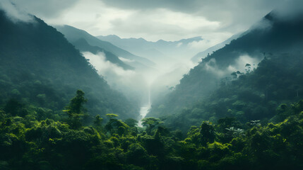Obraz premium A captivating view of a cloud forest, where misty clouds envelop dense tree canopies, presenting a surreal and magical perspective of lush greenery from above.